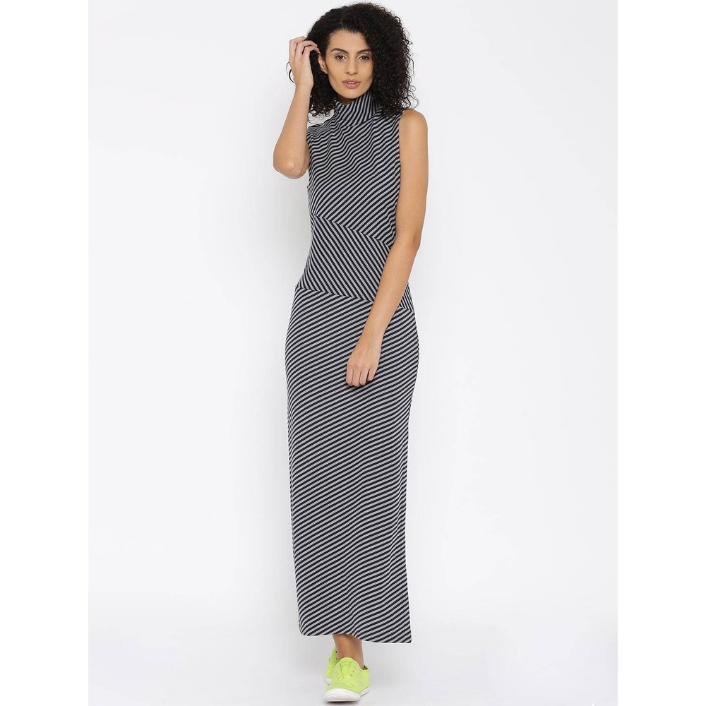 Tommy Hilfiger x Gigi Hadid Maxi Dress Womens XS Grey Navy Striped Mock Neck